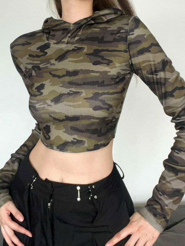 Camouflage Hollow Out Long Sleeve Hooded Crop Top - Y2K Streetwear Fashion