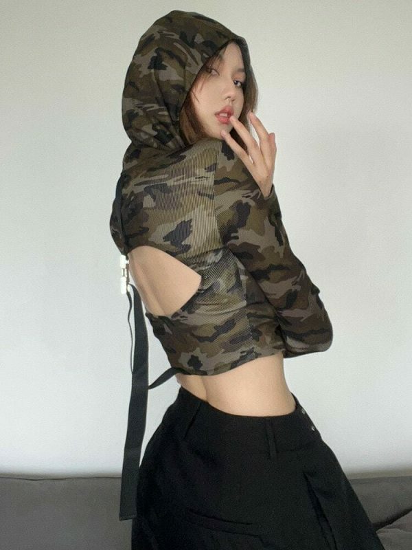 Camouflage Hollow Out Long Sleeve Hooded Crop Top - Y2K Streetwear Fashion