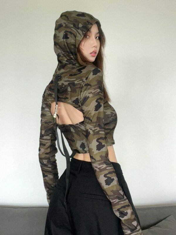 Camouflage Hollow Out Long Sleeve Hooded Crop Top - Y2K Streetwear Fashion