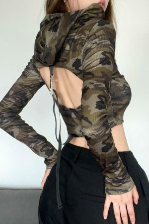 Camouflage Hollow Out Long Sleeve Hooded Crop Top - Y2K Streetwear Fashion