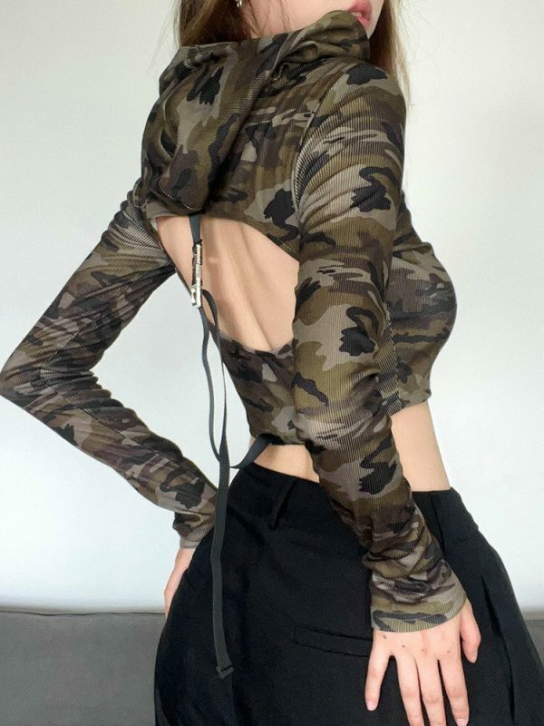 Camouflage Hollow Out Long Sleeve Hooded Crop Top - Y2K Streetwear Fashion