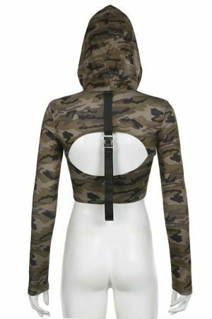 Camouflage Hollow Out Long Sleeve Hooded Crop Top - Y2K Streetwear Fashion