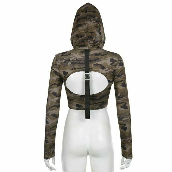 Camouflage Hollow Out Long Sleeve Hooded Crop Top - Y2K Streetwear Fashion