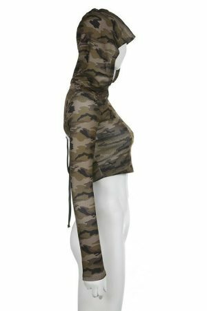 Camouflage Hollow Out Long Sleeve Hooded Crop Top - Y2K Streetwear Fashion