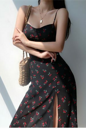 Cherry Floral Midi Dress with Y2K Aesthetic