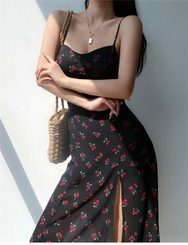 Cherry Floral Midi Dress with Y2K Aesthetic