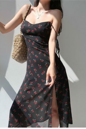 Cherry Floral Midi Dress with Y2K Aesthetic