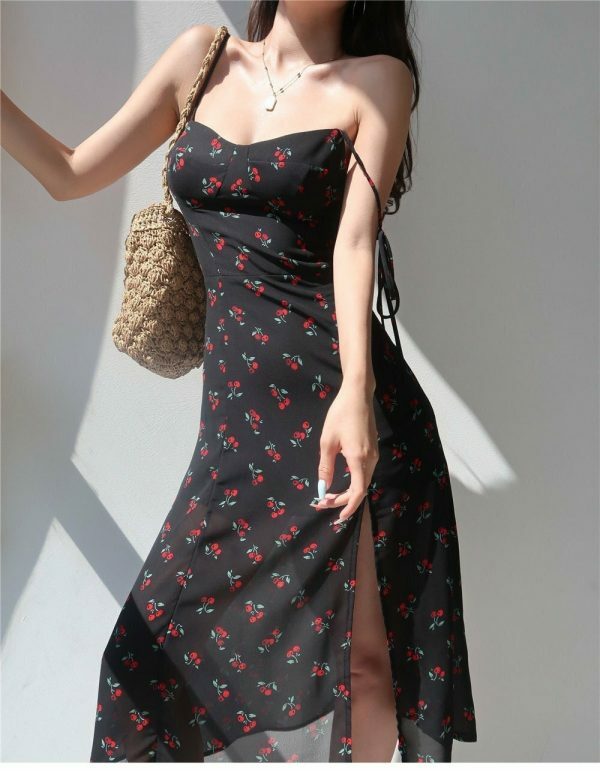 Cherry Floral Midi Dress with Y2K Aesthetic