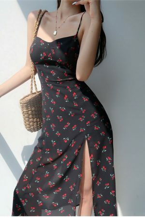 Cherry Floral Midi Dress with Y2K Aesthetic