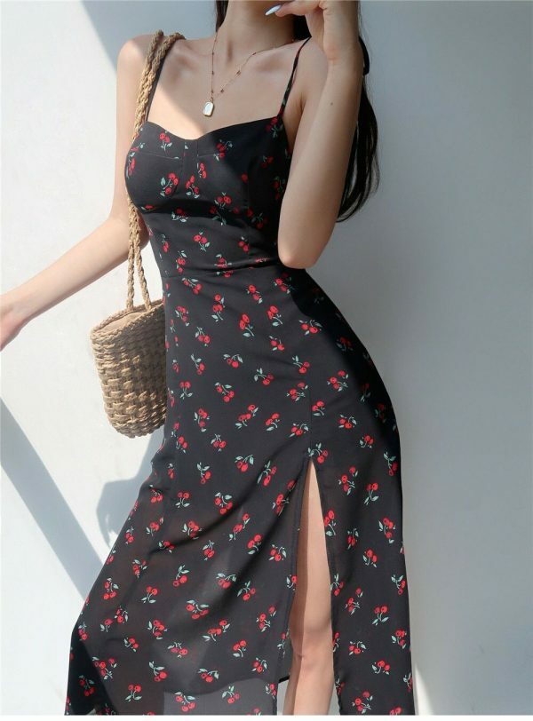 Cherry Floral Midi Dress with Y2K Aesthetic