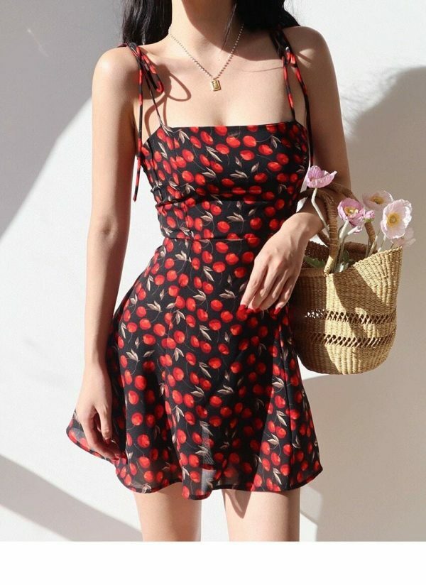 Cherry Floral Mini Dress with Y2K Aesthetic for Streetwear Fashion