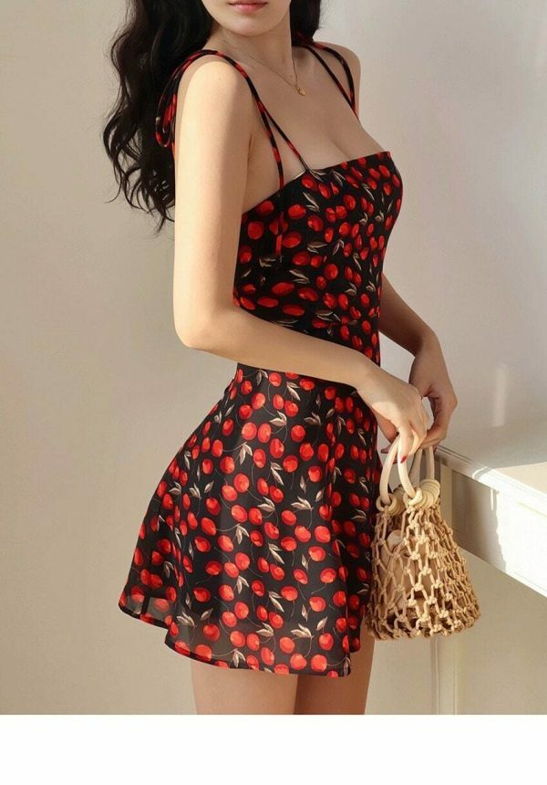 Cherry Floral Mini Dress with Y2K Aesthetic for Streetwear Fashion