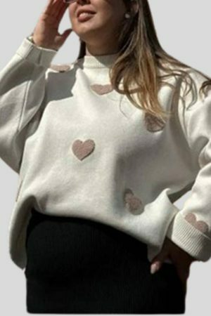 Chic Embroidery Knit Sweater: Love Heart Pullover, Loose Fit Top, Thick Winter Jumper