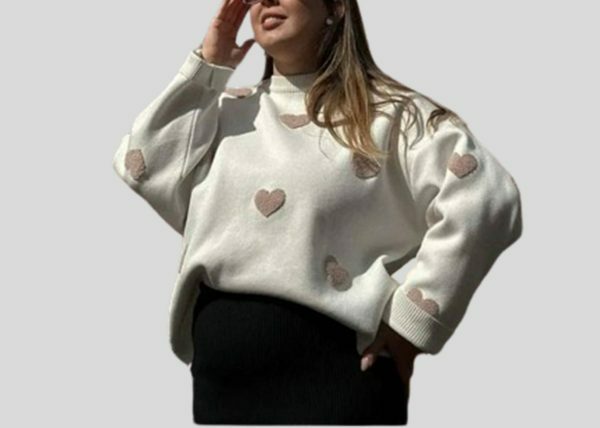 Chic Embroidery Knit Sweater: Love Heart Pullover, Loose Fit Top, Thick Winter Jumper