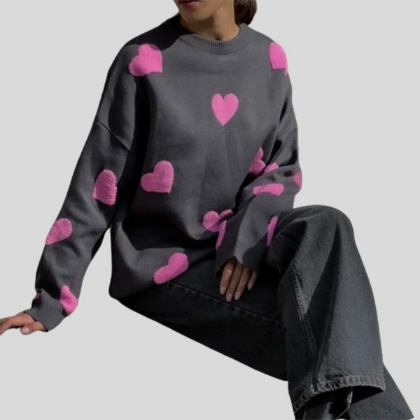 Chic Embroidery Knit Sweater: Love Heart Pullover, Loose Fit Top, Thick Winter Jumper