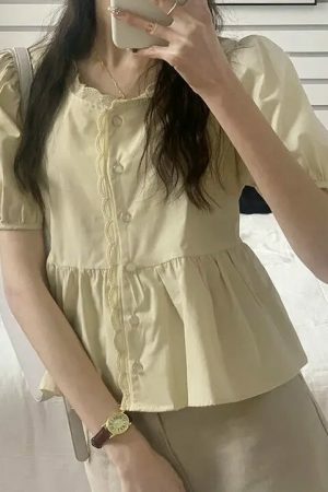 Chic Y2K Short Puff Sleeve Button Shirt Blouse