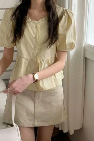 Chic Y2K Short Puff Sleeve Button Shirt Blouse