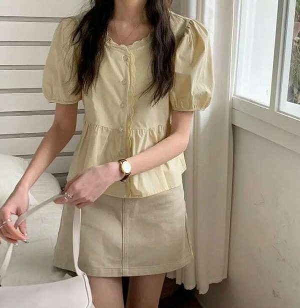 Chic Y2K Short Puff Sleeve Button Shirt Blouse