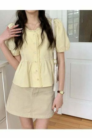 Chic Y2K Short Puff Sleeve Button Shirt Blouse