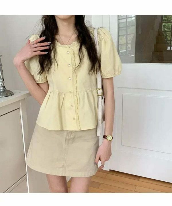 Chic Y2K Short Puff Sleeve Button Shirt Blouse