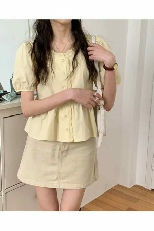 Chic Y2K Short Puff Sleeve Button Shirt Blouse