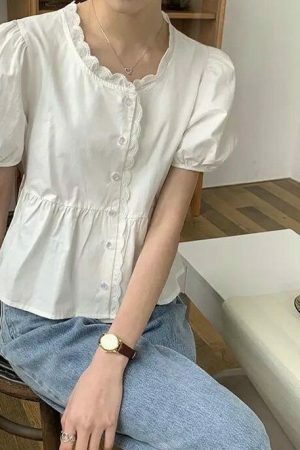 Chic Y2K Short Puff Sleeve Button Shirt Blouse