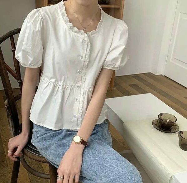 Chic Y2K Short Puff Sleeve Button Shirt Blouse