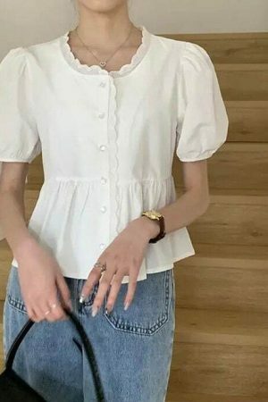 Chic Y2K Short Puff Sleeve Button Shirt Blouse