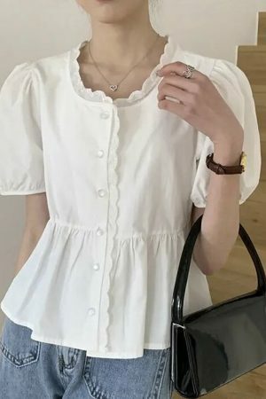 Chic Y2K Short Puff Sleeve Button Shirt Blouse