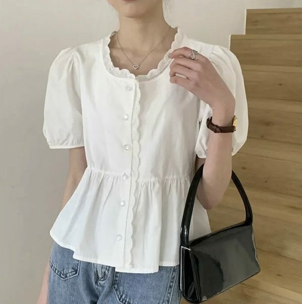 Chic Y2K Short Puff Sleeve Button Shirt Blouse