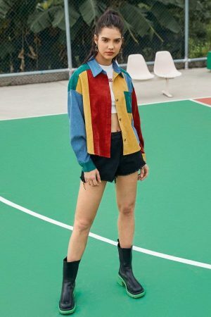 Colorful Velvet Hit Color Bomber Jacket | Y2K Streetwear Women's Top