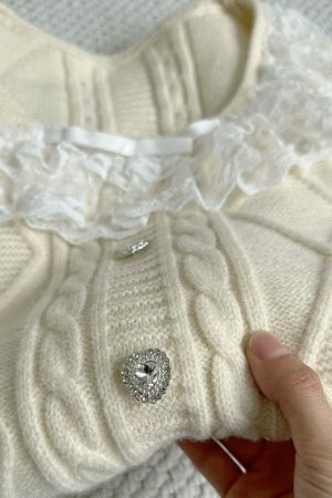 Comfy Cable Knit Dress with Rhinestone Heart & Lace Ribbon Detail