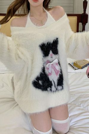 Comfy Kitty Y2K Oversized 2-Piece Dress - Girly Korean Streetwear