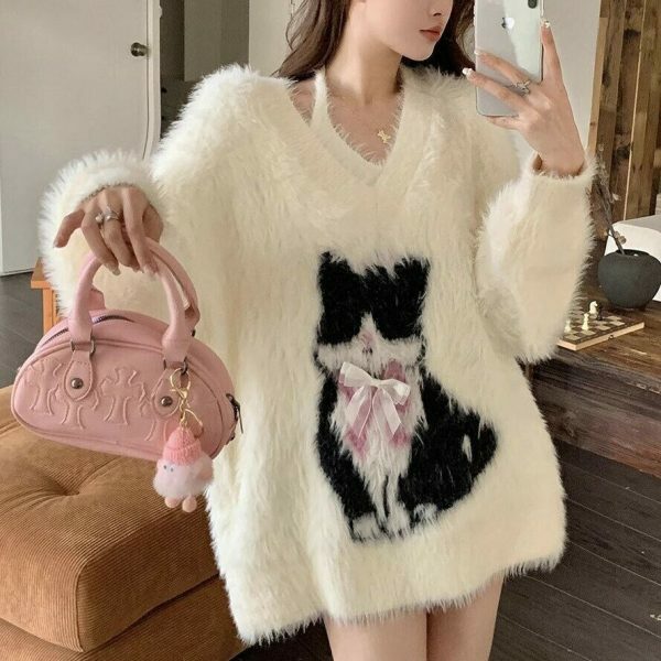 Comfy Kitty Y2K Oversized 2-Piece Dress - Girly Korean Streetwear