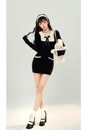 Comfy Knit Ribbon Decor Idol Style Dress - Y2K Streetwear Aesthetic