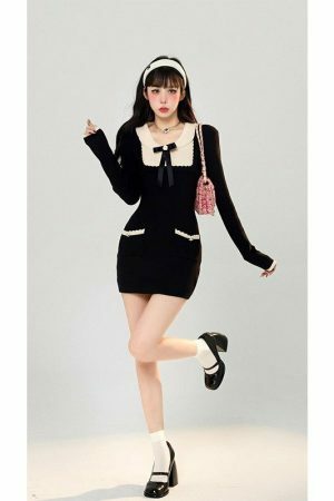 Comfy Knit Ribbon Decor Idol Style Dress - Y2K Streetwear Aesthetic