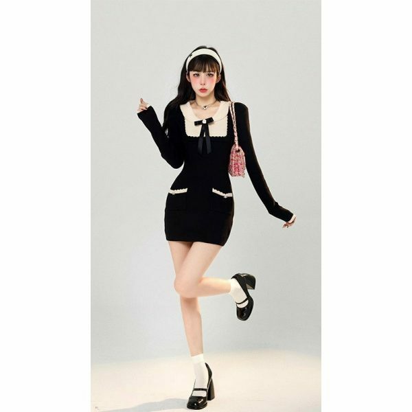 Comfy Knit Ribbon Decor Idol Style Dress - Y2K Streetwear Aesthetic