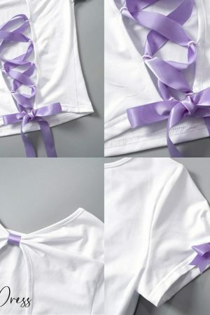 Coquette Bow Backless White Tshirt with Purple Bow