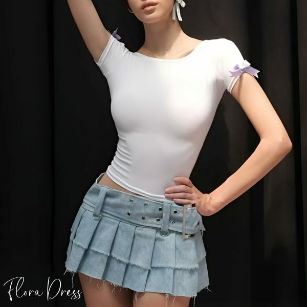 Coquette Bow Backless White Tshirt with Purple Bow