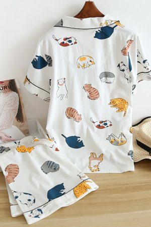 Cotton Cat Print Pajama Set | Y2K Streetwear Sleepwear for Women