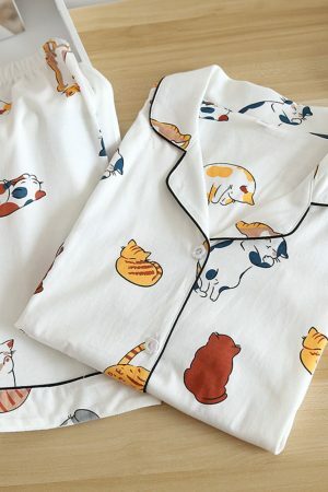 Cotton Cat Print Pajama Set | Y2K Streetwear Sleepwear for Women