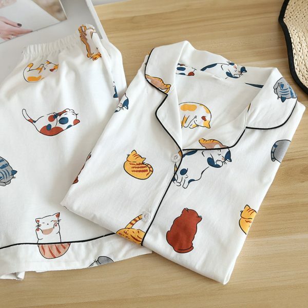 Cotton Cat Print Pajama Set | Y2K Streetwear Sleepwear for Women