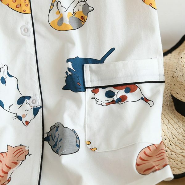 Cotton Cat Print Pajama Set | Y2K Streetwear Sleepwear for Women