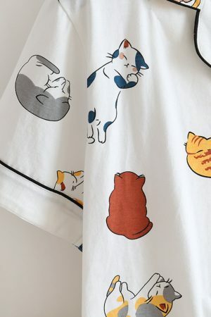 Cotton Cat Print Pajama Set | Y2K Streetwear Sleepwear for Women