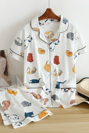 Cotton Cat Print Pajama Set | Y2K Streetwear Sleepwear for Women