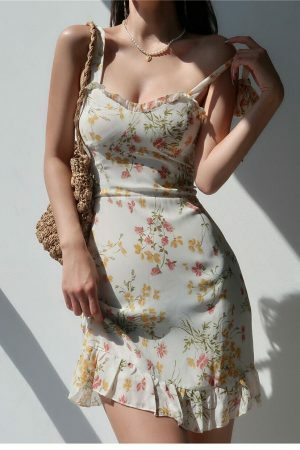 Cream Floral Milkmaid Mini Dress - Y2K Streetwear Aesthetic