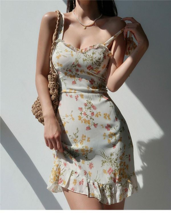 Cream Floral Milkmaid Mini Dress - Y2K Streetwear Aesthetic