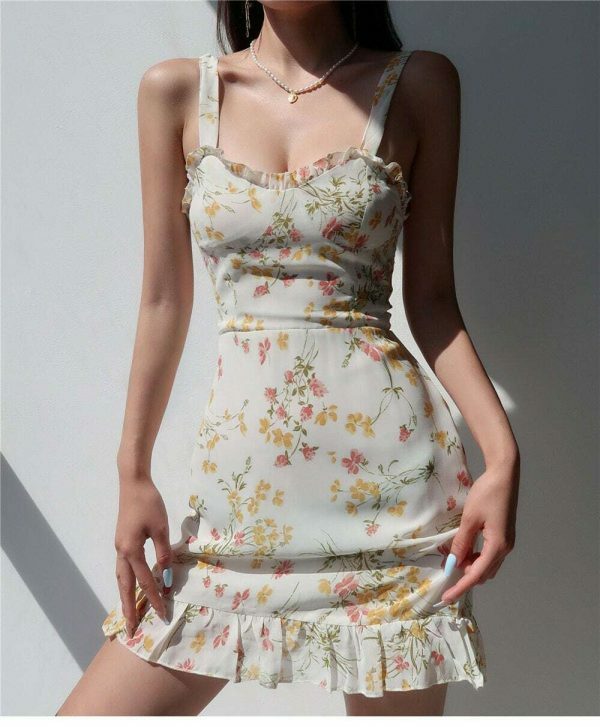 Cream Floral Milkmaid Mini Dress - Y2K Streetwear Aesthetic