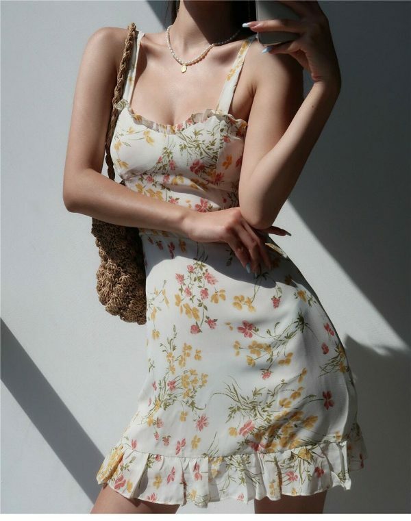 Cream Floral Milkmaid Mini Dress - Y2K Streetwear Aesthetic