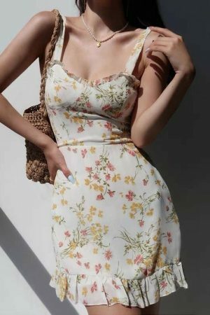 Cream Floral Milkmaid Mini Dress - Y2K Streetwear Aesthetic